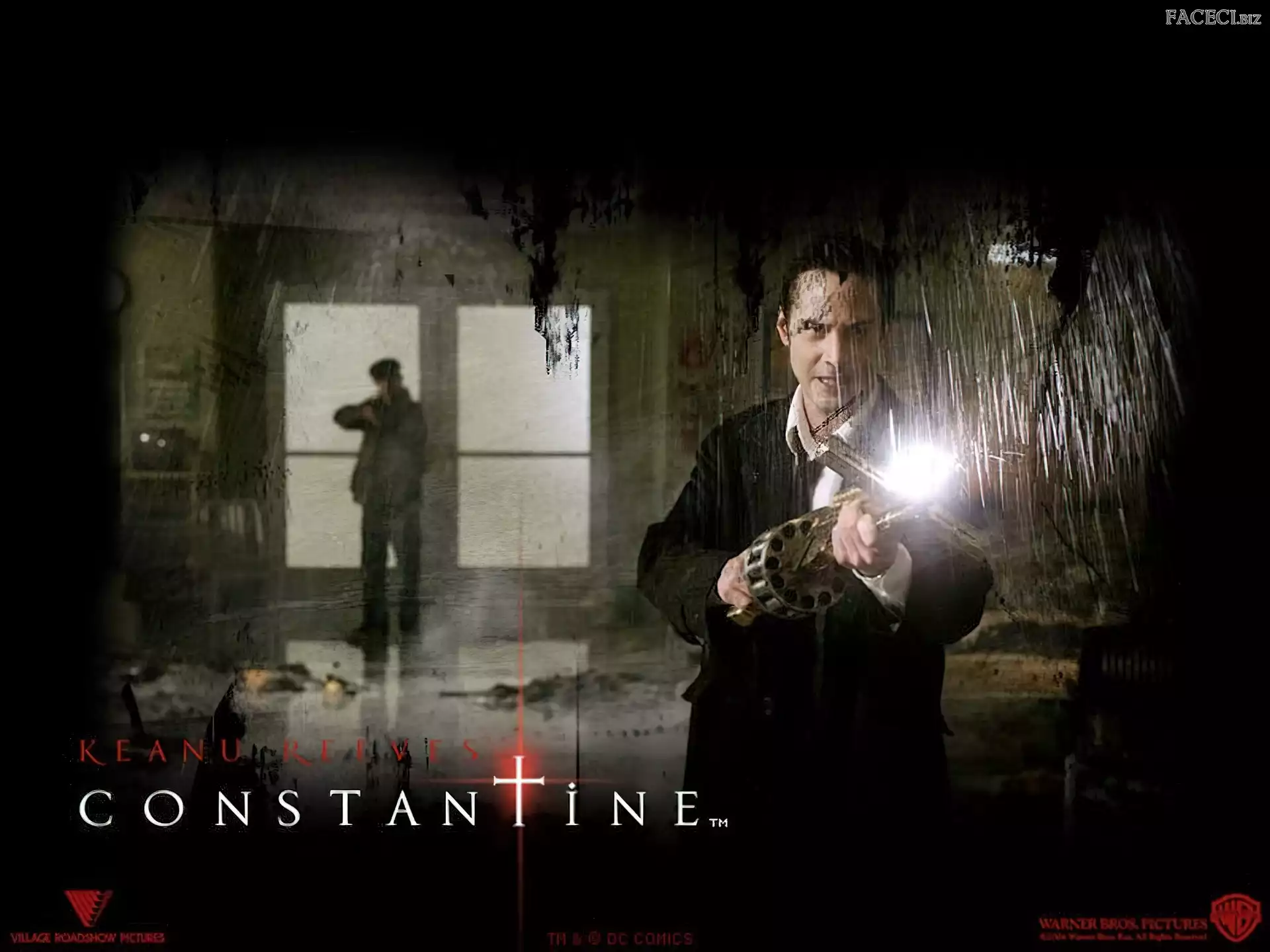 Constantine, Keanu Reeves, okno, pistolet